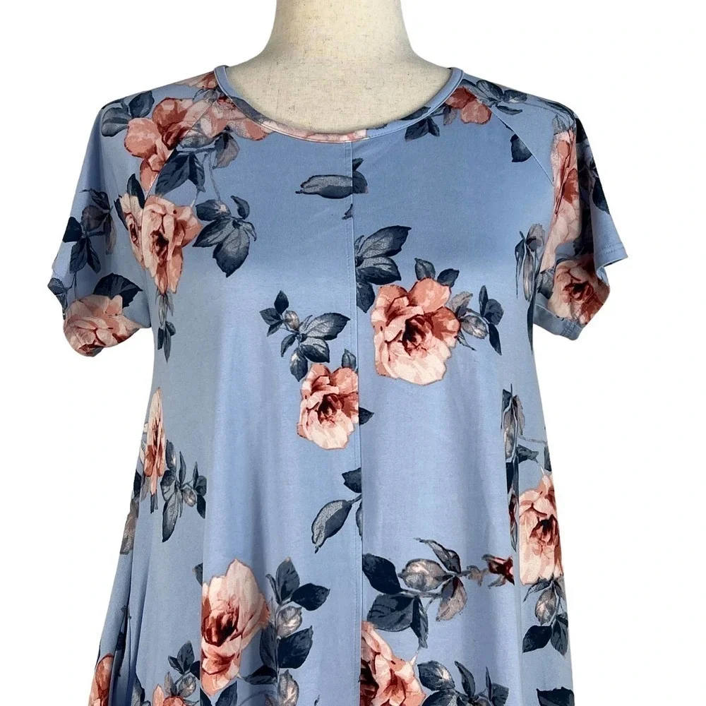 CES FEMME RAGLAN SHORT SLEEVE CREW NECK FLOWY‎ FLORAL DRESS BLUE MULTI SMALL EUC - Picture 2 of 12